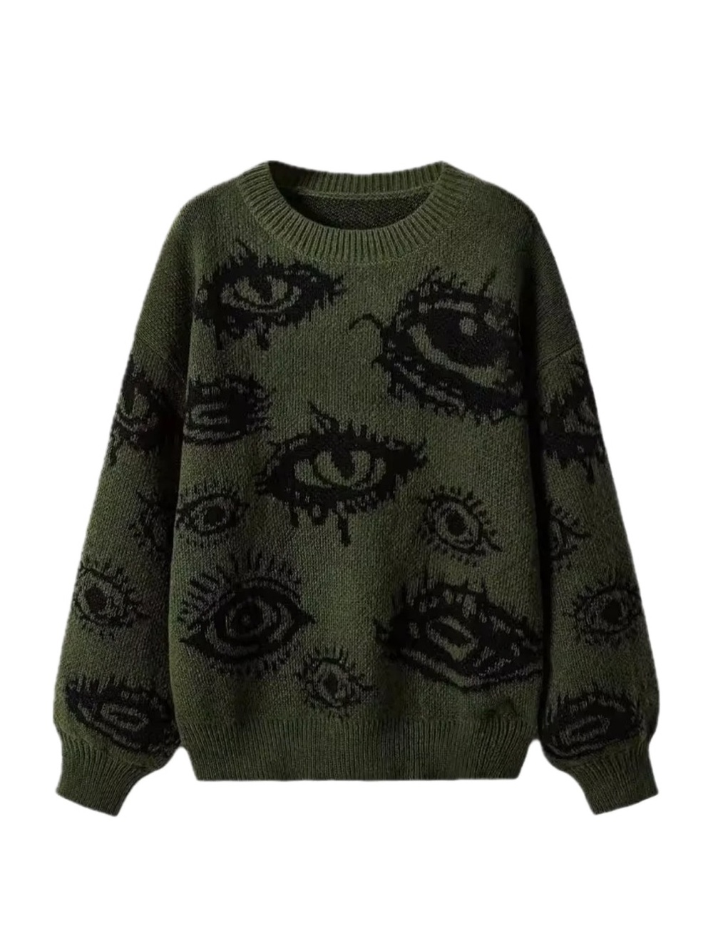 Romwe Olive Green Eye-Pattern Crewneck Oversized Sweater Large